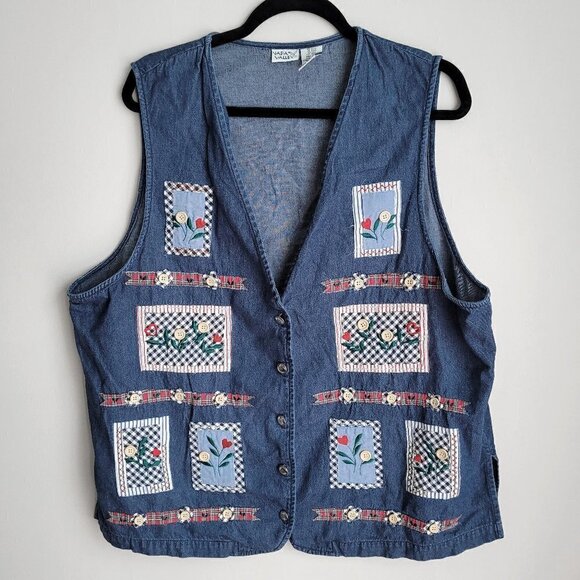 Vintage Denim Quilted Patchwork Floral Embroidered 90s Y2K Vest Jacket - Picture 1 of 9